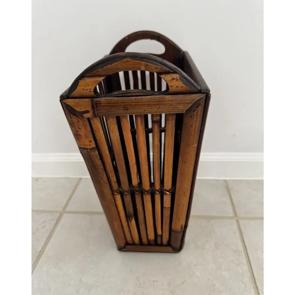 Vintage rattan waste basket trash can